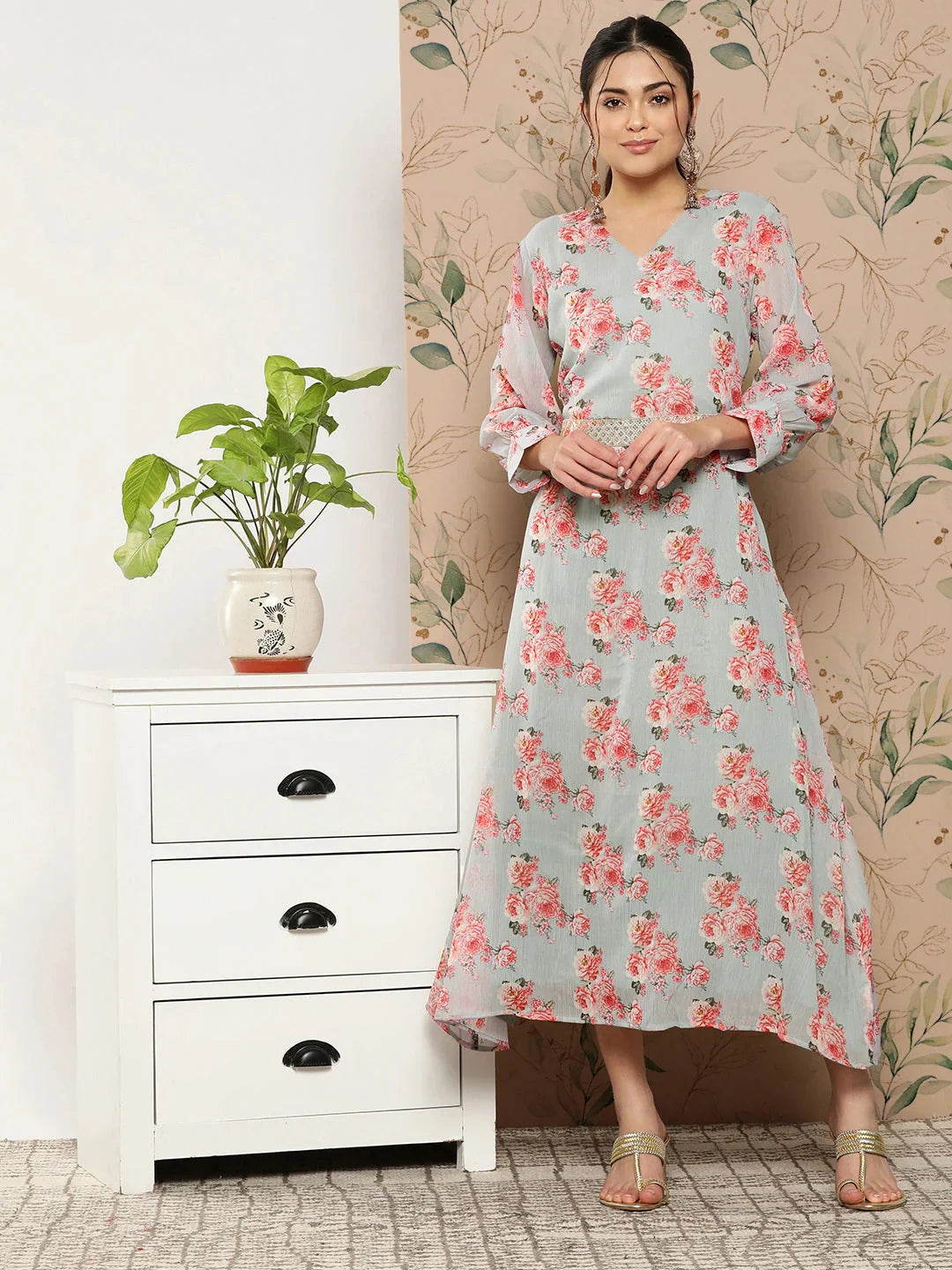 Yufta Floral Chiffon A-Line Midi Dress  Grab2Buy Yufta Grab2Buy