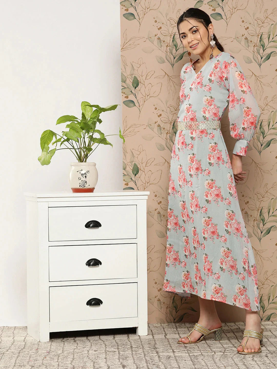 Yufta Floral Chiffon A-Line Midi Dress  Grab2Buy Yufta Grab2Buy