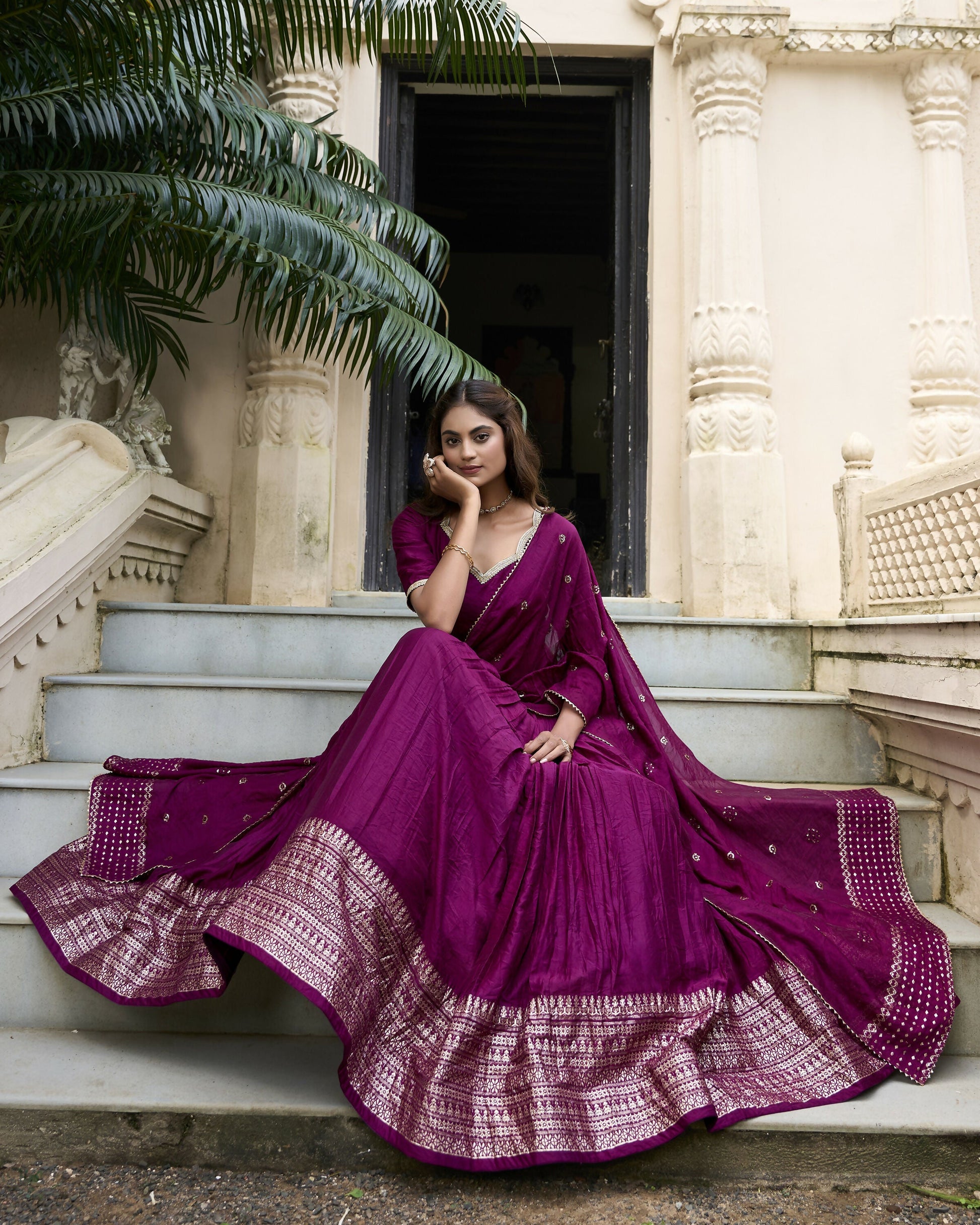 Lorenvalley Wine Pure Chanderi Plain With Zari Weaving Work Border Lehenga Choli 
