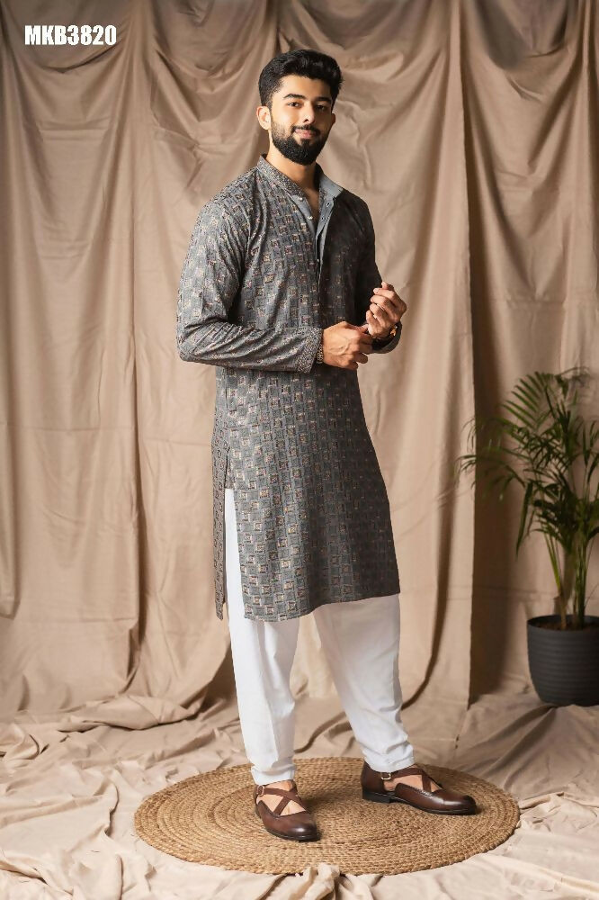 Grey Rayon Thread Embroidery Work Kurta Set - Mahotsav