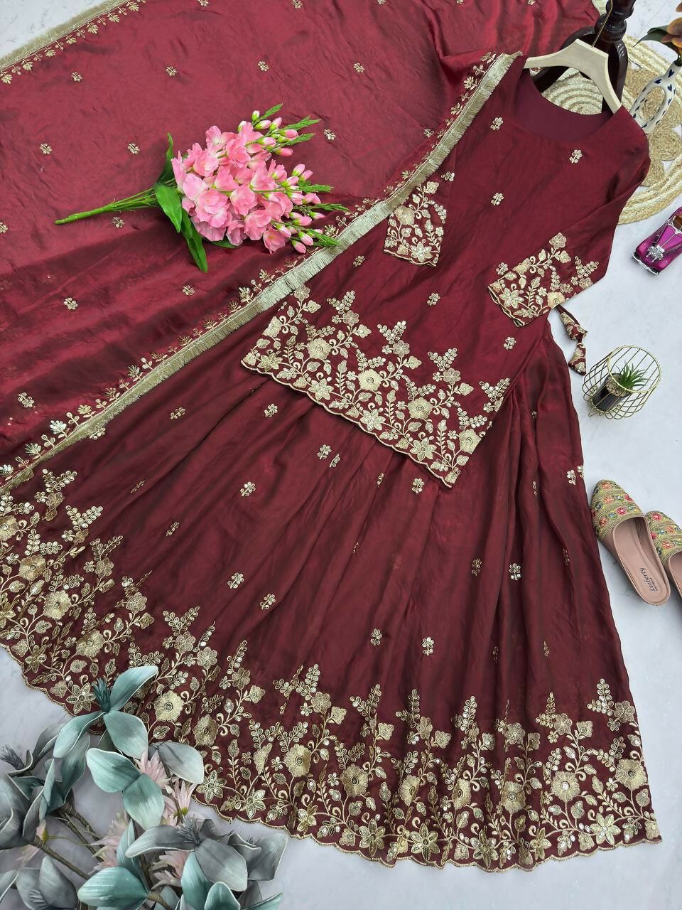 Teeya Creation Womens New Latest Heavy Embroidery Sequins Work Lehenga Set - Red