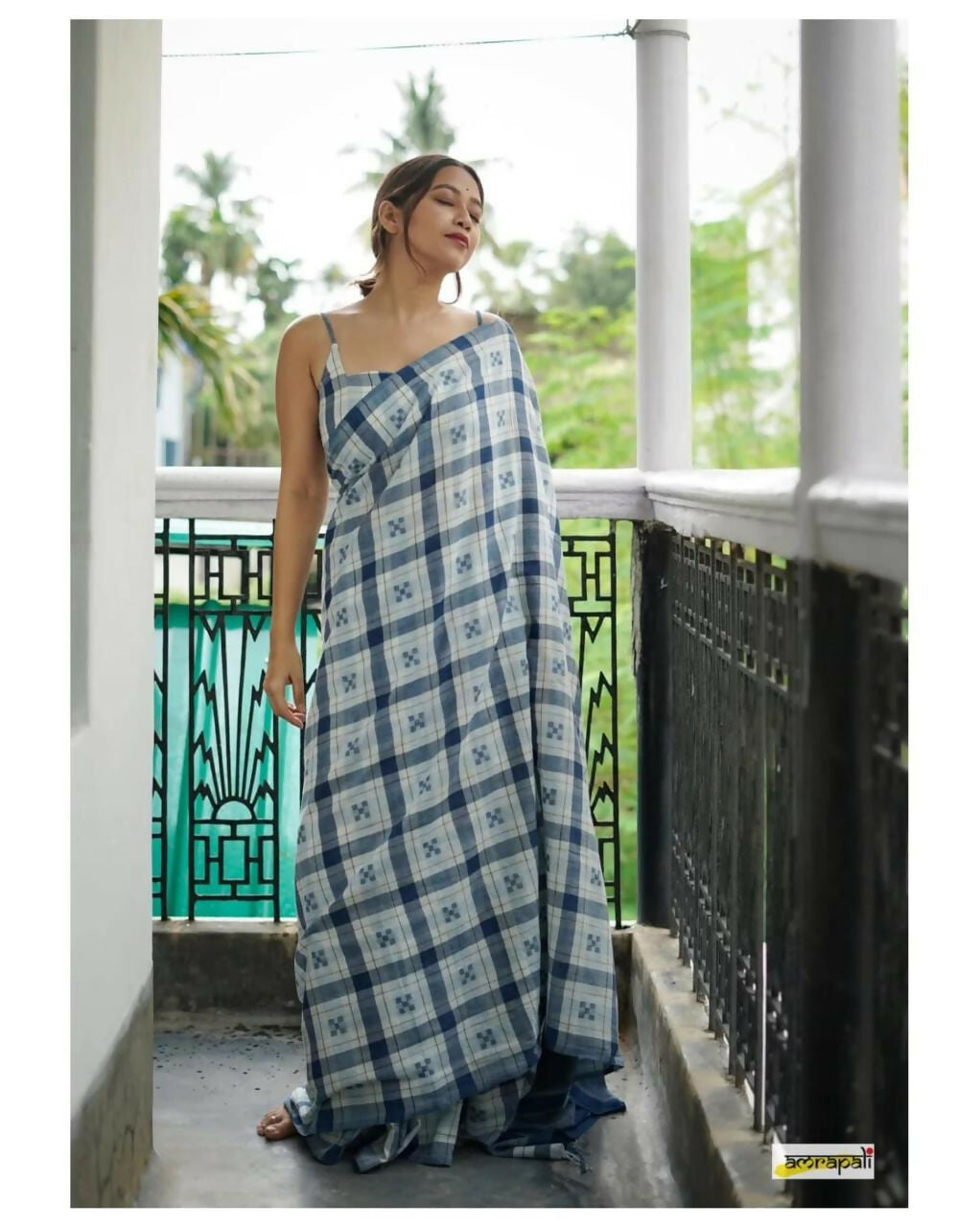 Exclusive Collection Beautiful Check Blue Pure Cotton Woven Handloom Grab2Buy With Running Blouse Piece 