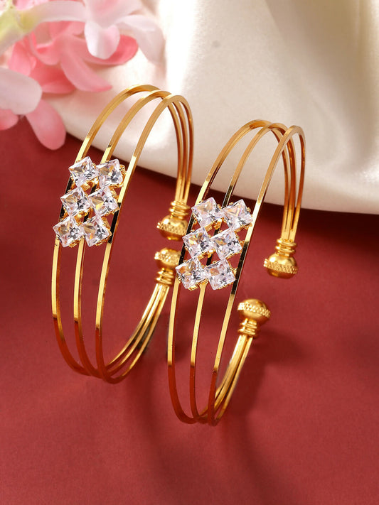 NVR Women's Set of 2 Gold-Polished CZ Stone-Studded Adjustable Bangles