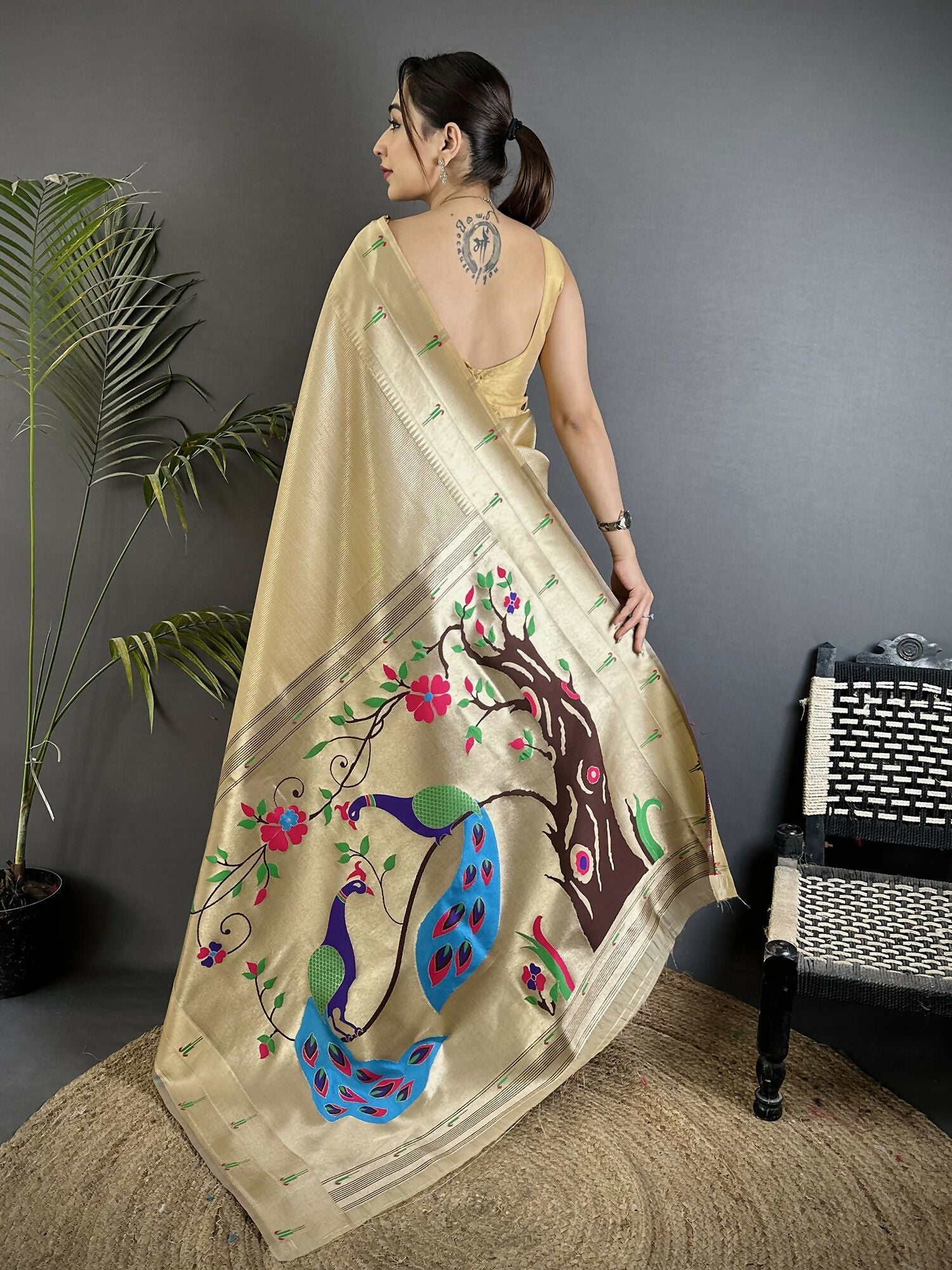 Joban Fashion Ivory Peacock & Floral Motifs Tissue Paithani Saree