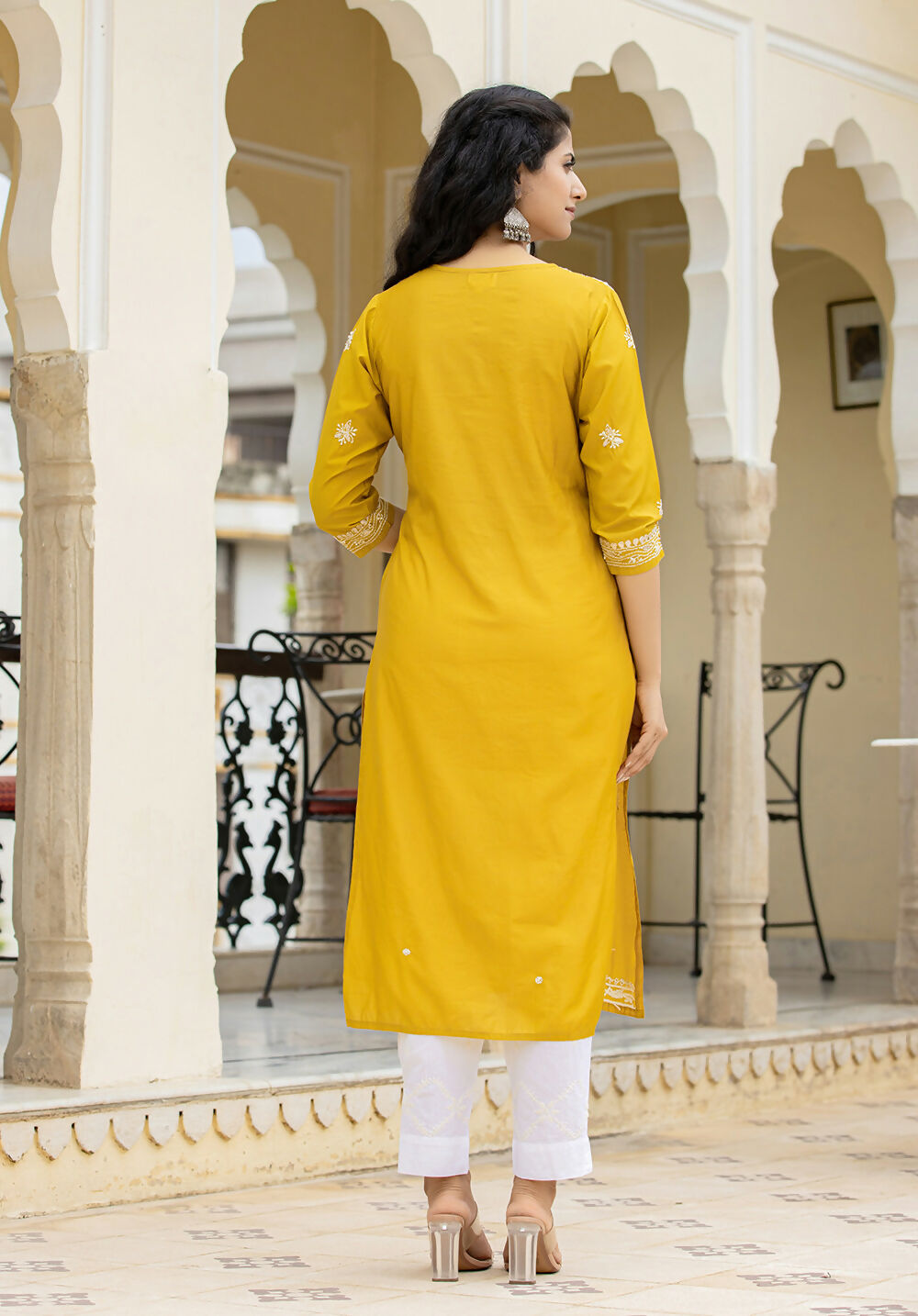 Kaajh Women's Mustard Chikhankari Embroidered Kurta Pant Set