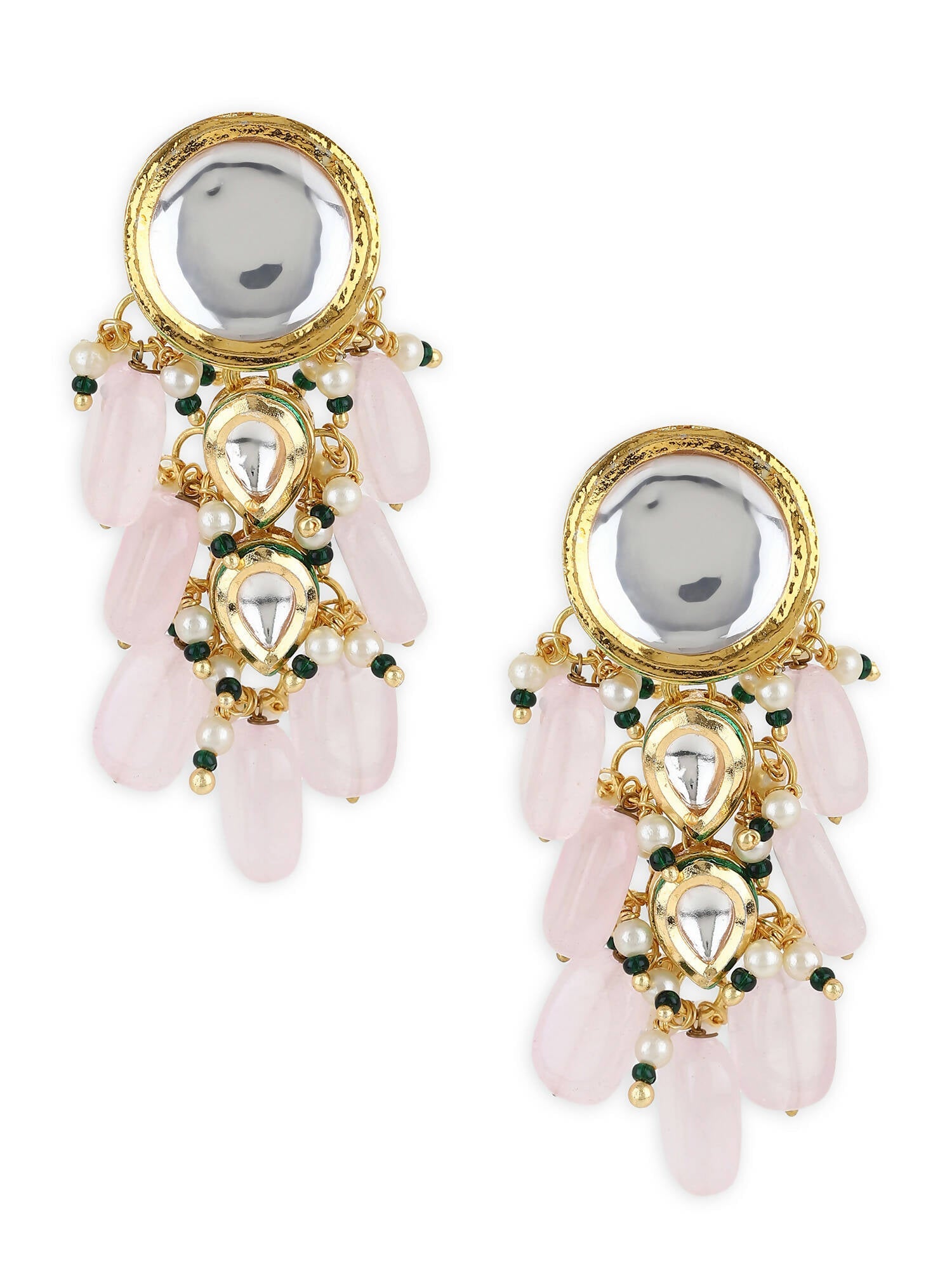 Gold-Toned White Kundan Contemporary Gold-Polished Drop Earrings - Ruby Raang