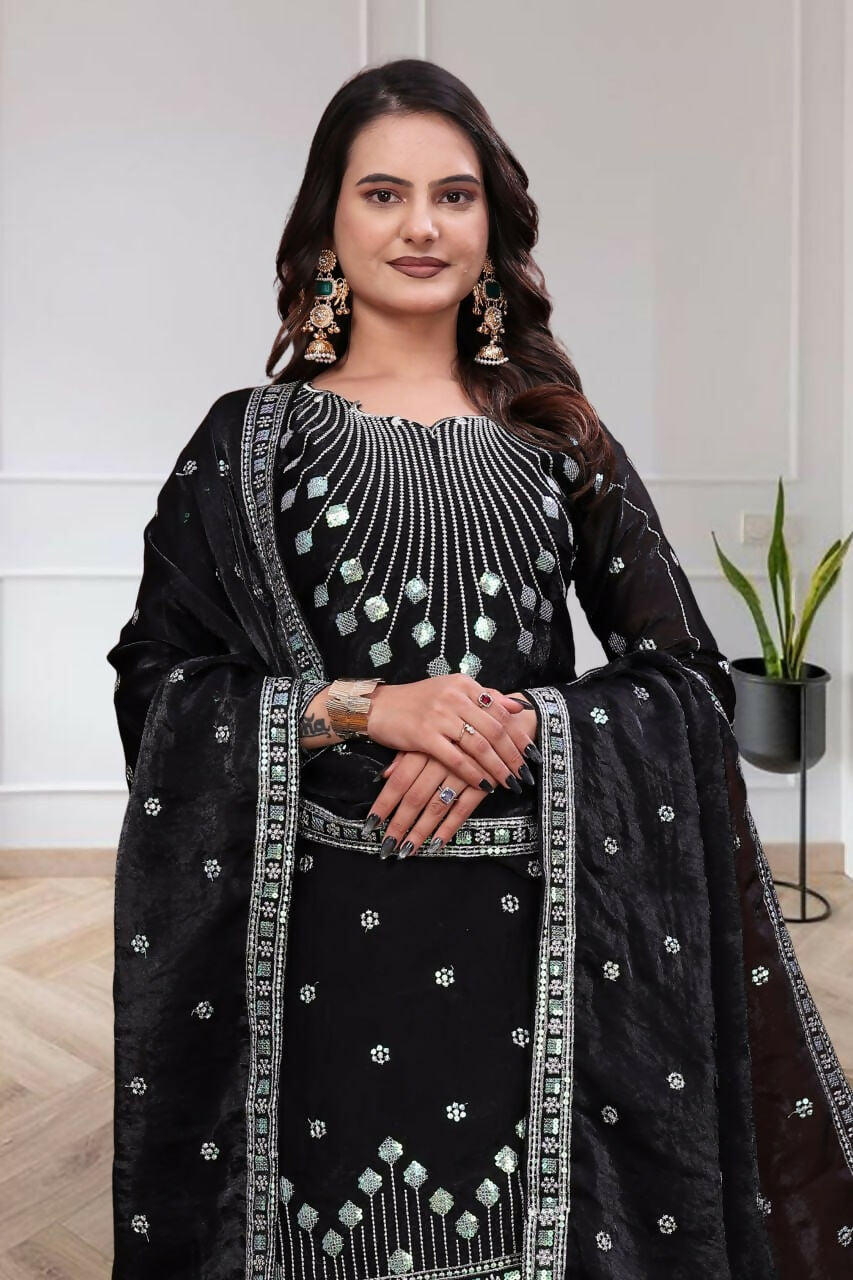 Teeya Creation Womens Trendy Black Silk Blend Embroidered Kurta And Sharara Suit Set With Dupatta