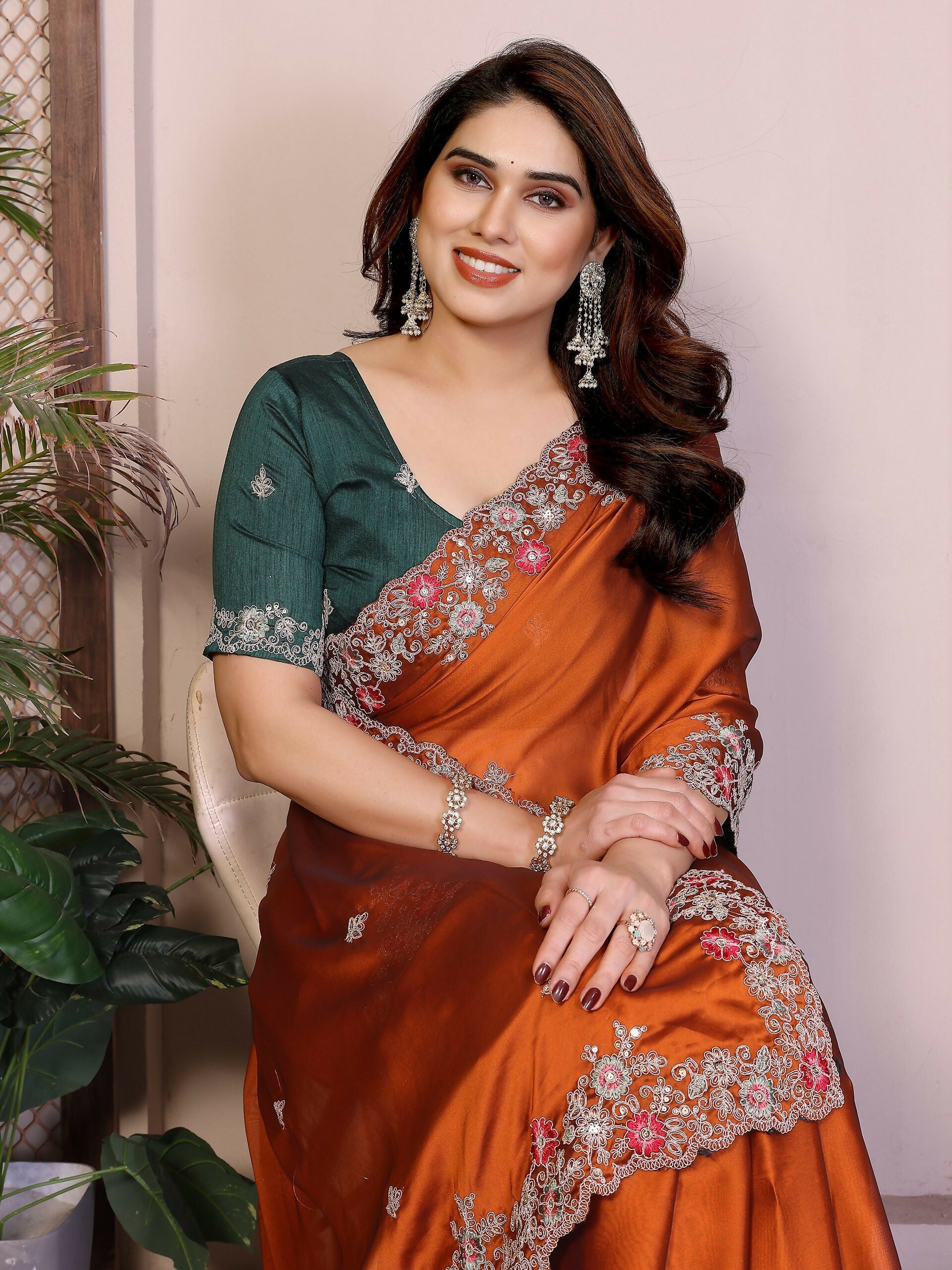 Teeya Creation New Trendy Stylish Party Wear Silk Saree-Orange