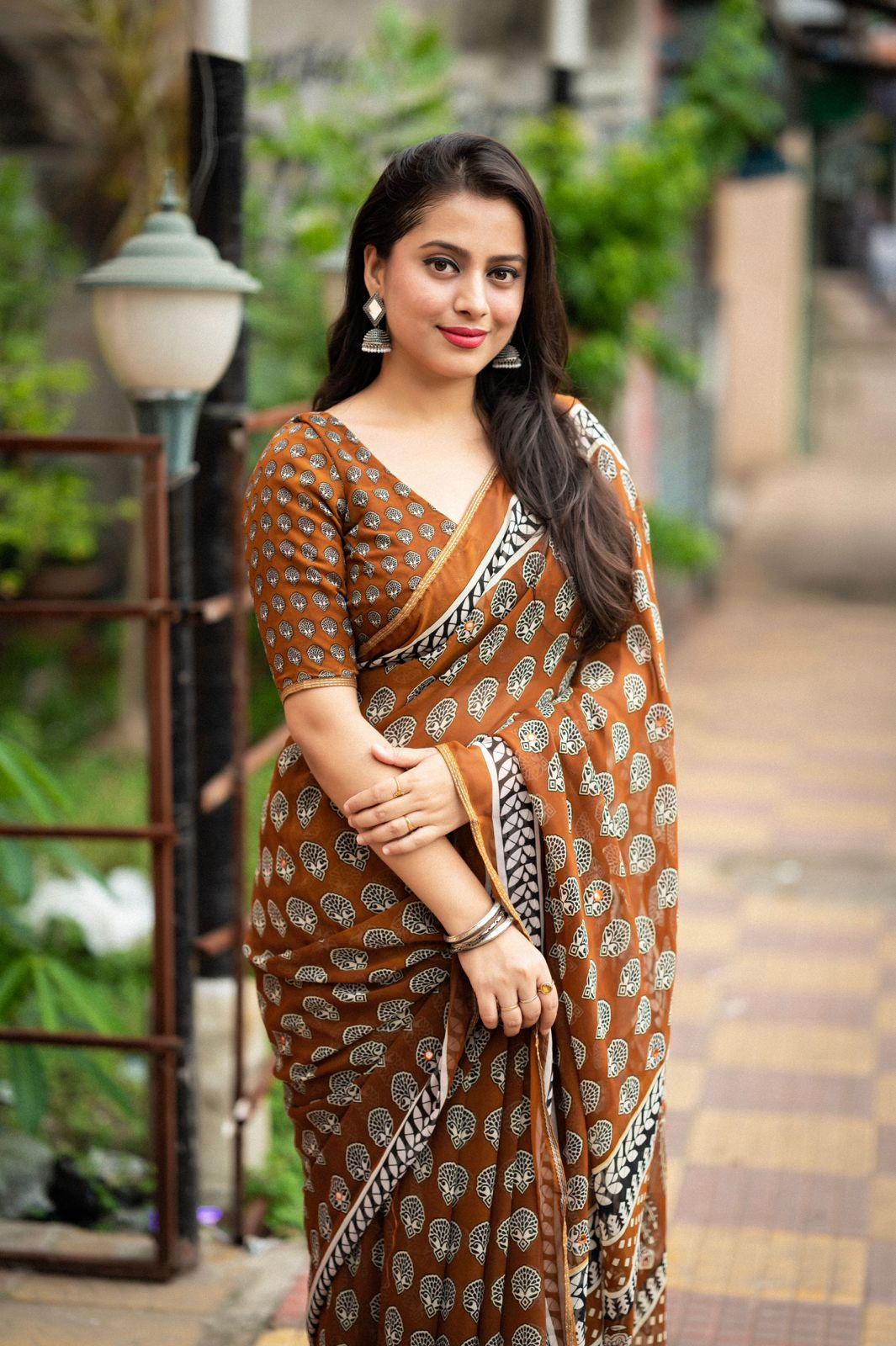 Mustard Poly Georgette Ajrak Saree with Unstitched Blouse - A2M