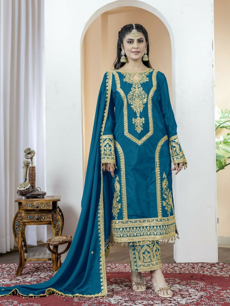 Teeya Creation Morepich Color Chinnon Silk Embroidery Work Fully Stitched Salwar Suit