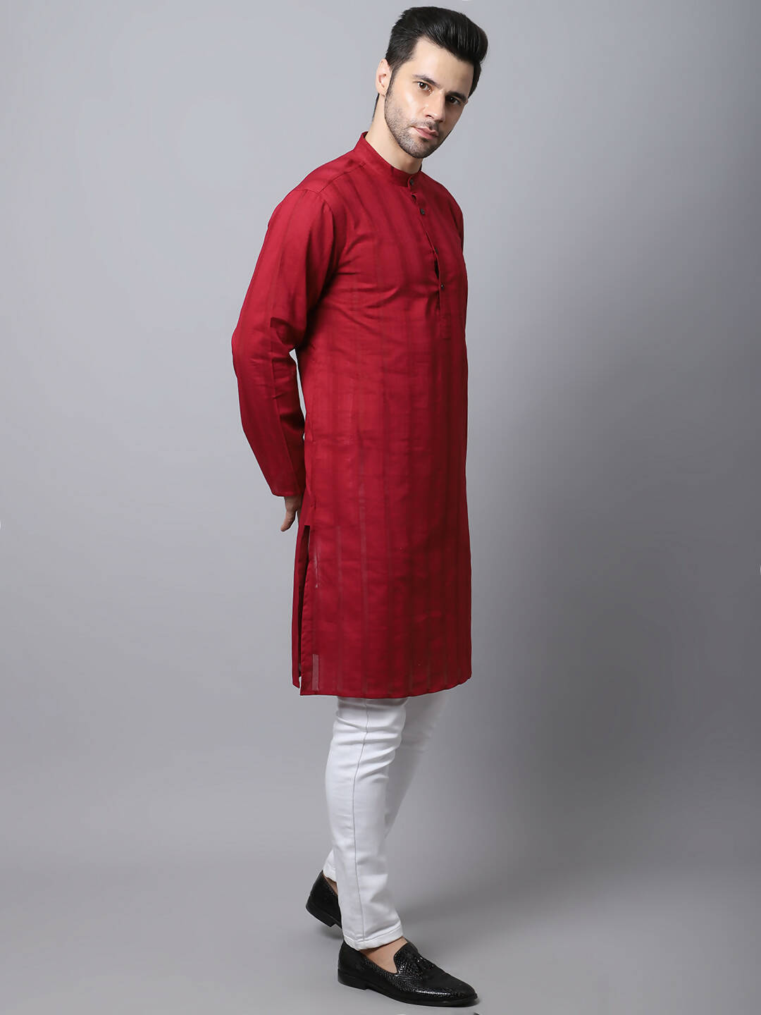 Even Apparels Maroon Pure Cotton Men's Kurta With Band Collar