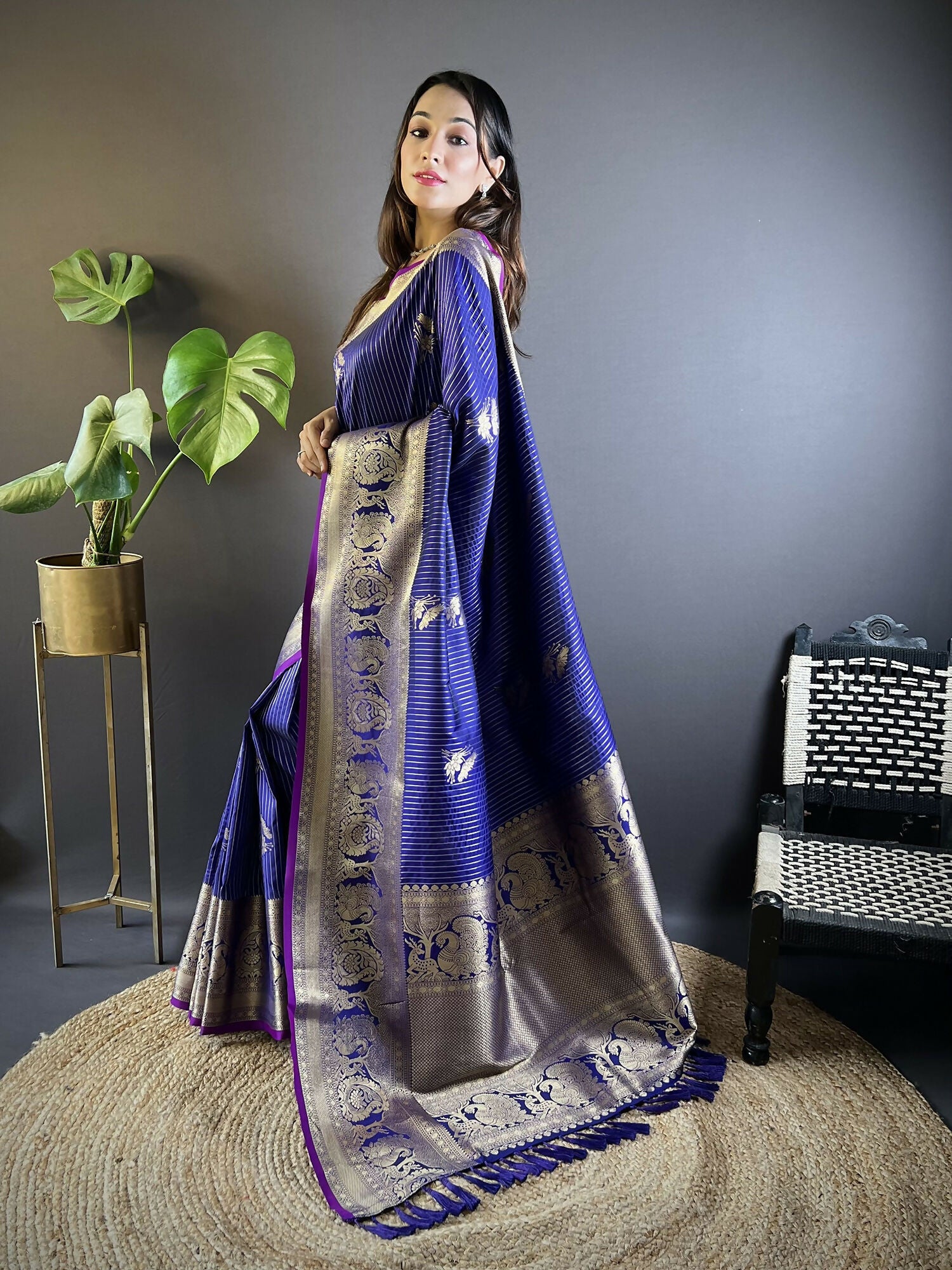 Joban Fashion Royal Blue Striped With Floral Motifs Soft Silk Leheriya Saree