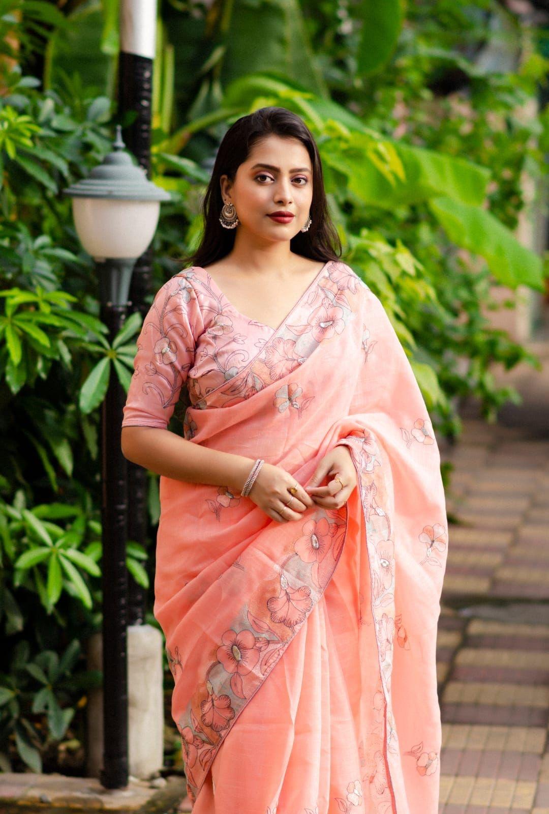 Pink Pure Linen Ethnic Motifs Saree with Unstitched Blouse - Hiral Fashion