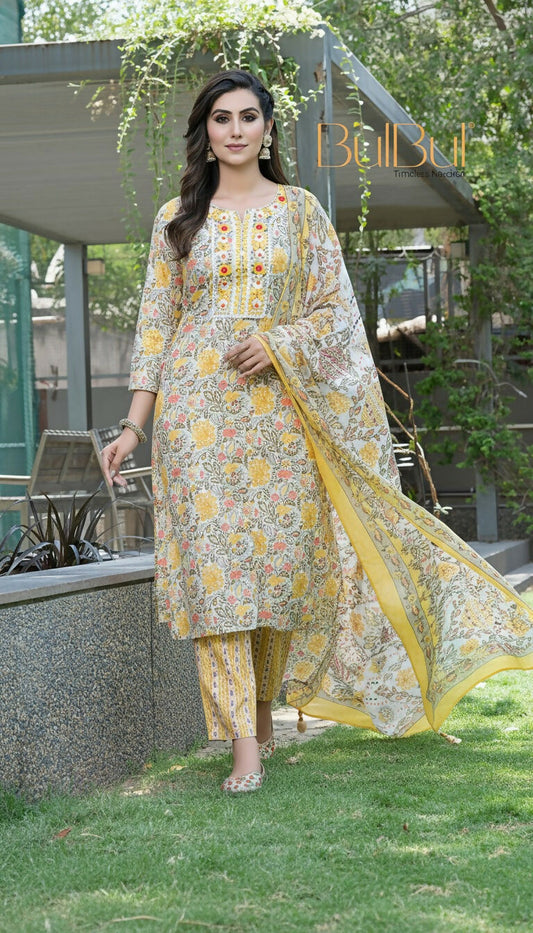 BulBul Fashionista Mustard Cotton Kurta Set with Dupatta