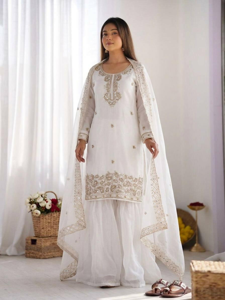 Teeya Creation Womens New Trendy Stylish Embroidery Beads Work Palazzo Kurta Set -White