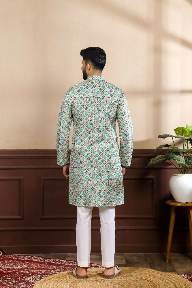 Blue Art Silk Digital Printed, Embroidery Work Kurta Set - Mahotsav