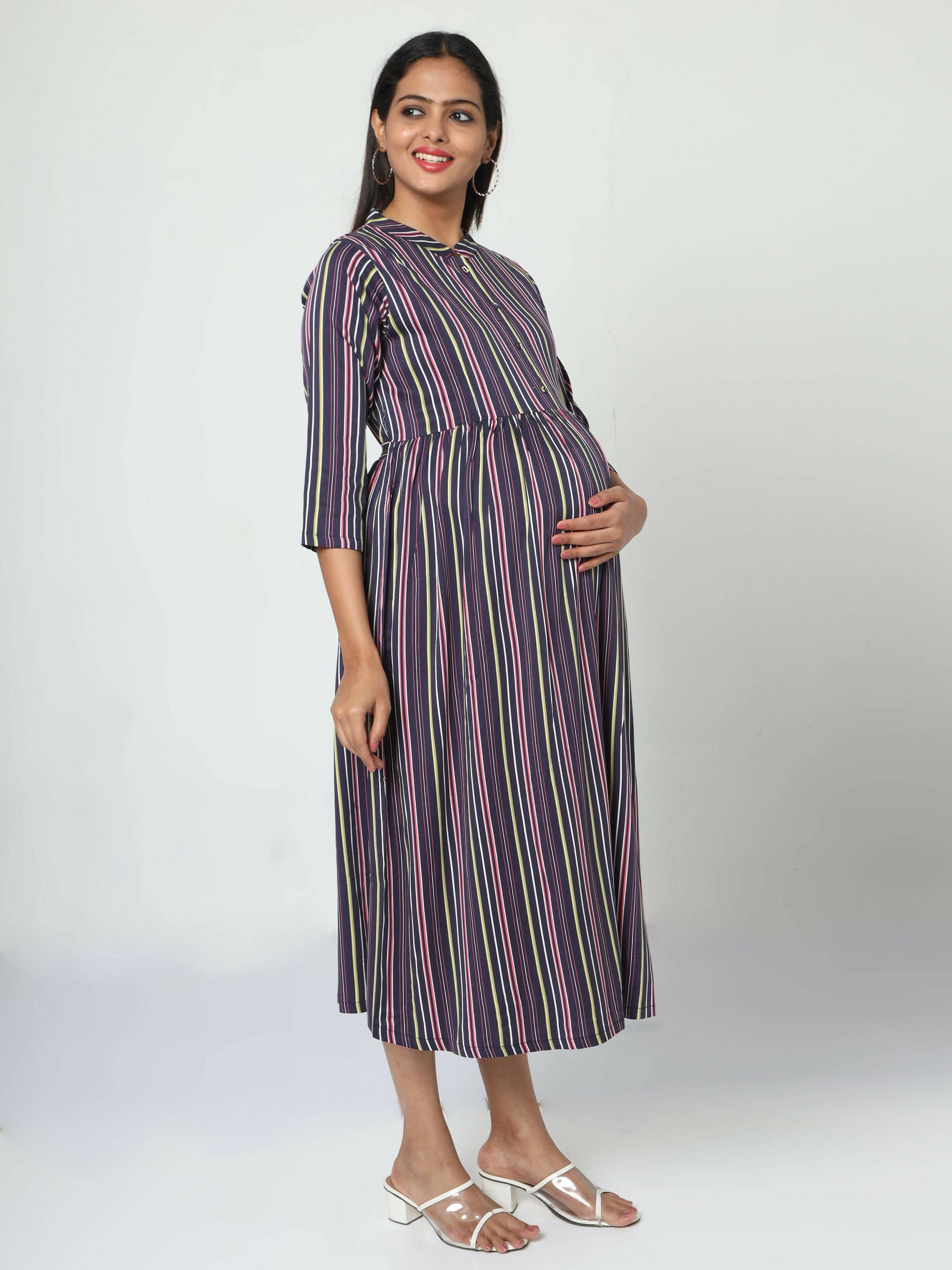 Manet Three Fourth Maternity Dress With Concealed Zipper Nursing Access - Navy Blue