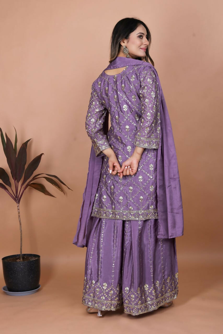 Joban Fashion Purple Silk Embroidered Sharara Set
