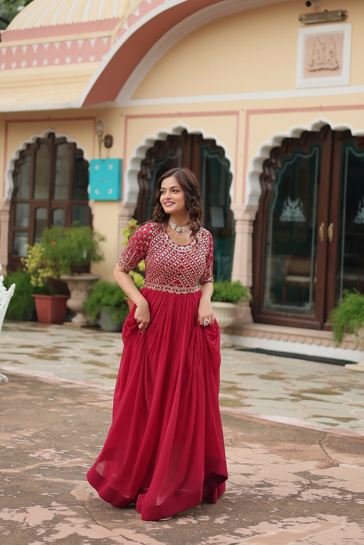 Joban Fashion Pink Georgette Sequence Embroidery Work Gown
