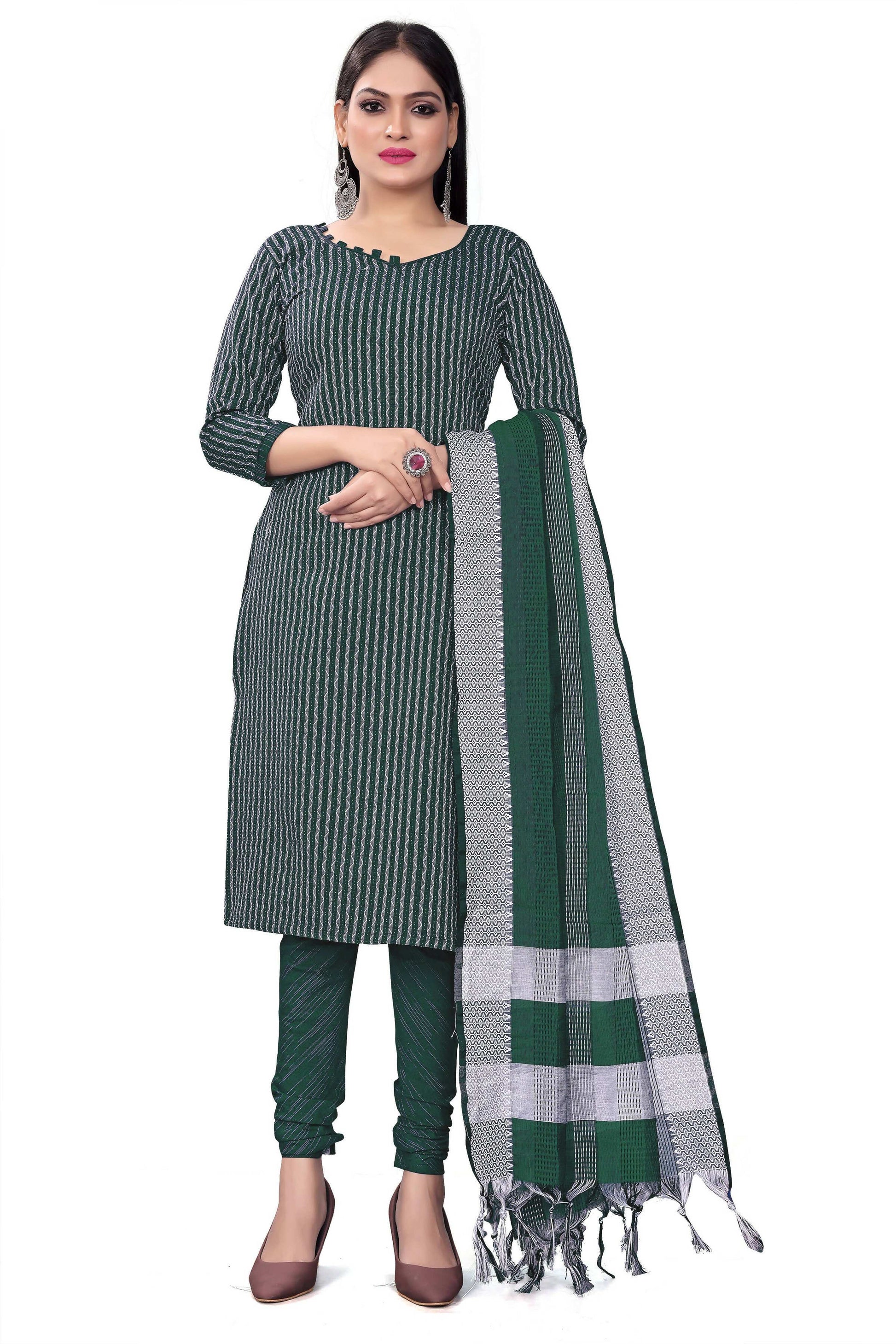 Green Cotton Jacquard Woven Unstitched Dress Material - Amara