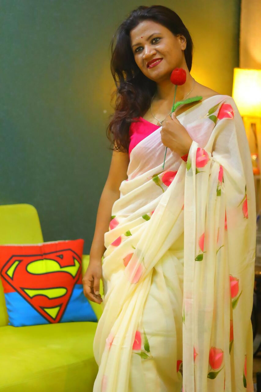 Exclusive Collection Beautiful Off White Pure Cotton Hand Print Handloom Grab2Buy With Running Blouse Piece 