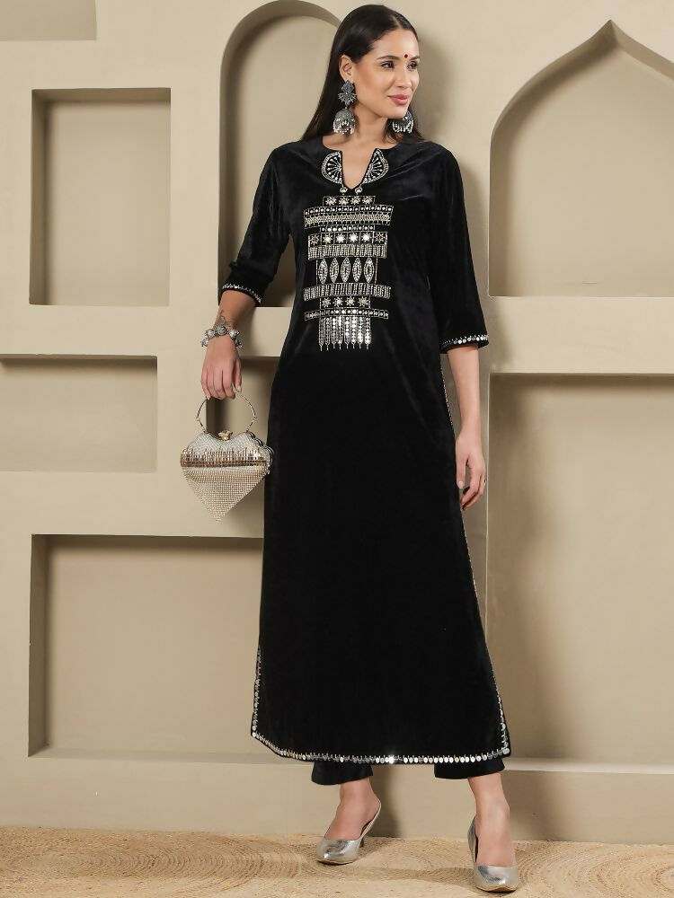 Joban Fashion Women Black Velvet Hand Embellishment Stitched Kurta Set