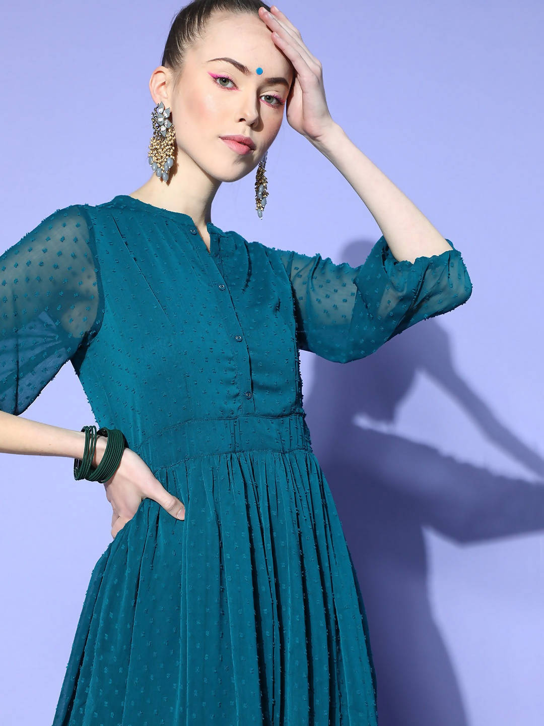 Janasya Women Teal Woven Design Dobby Weave Kurta
