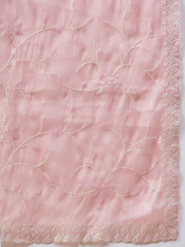 Peach Tissue Slub Embroidered Saree with Unstitched Blouse - Vairagi