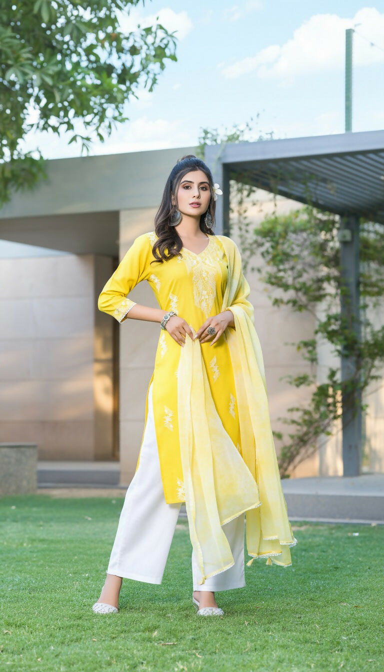BulBul Pooja Yellow Rayon Kurta Set with Dupatta 