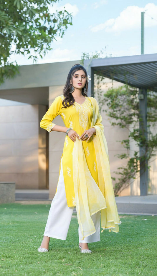 BulBul Pooja Yellow Rayon Kurta Set with Dupatta 