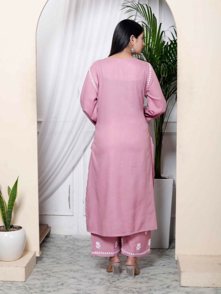 Miravan Women's Chikankari Embroidery Pink Straight Kurta & Palazzo Set 