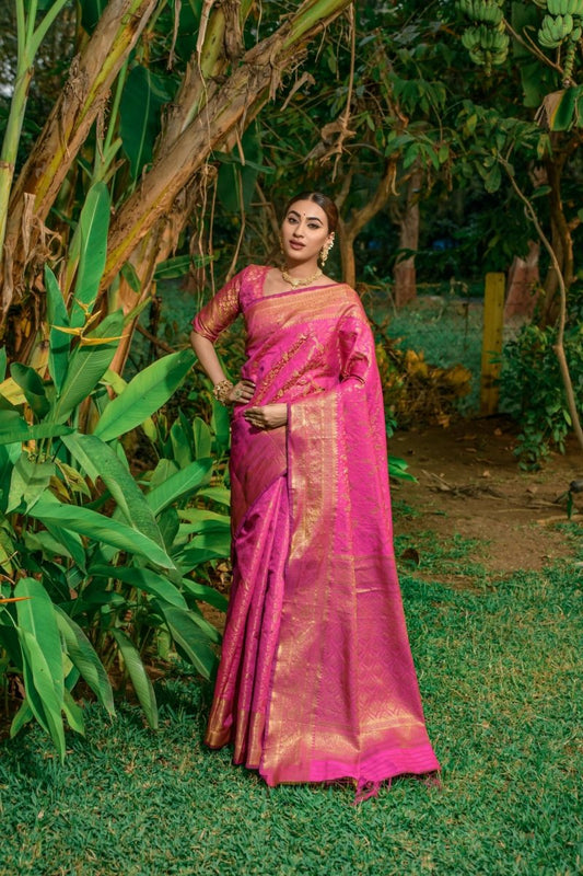 Aastha Fashion Women's Pink Kanchipuram Silk Zari Woven Saree with Blouse - Grab2buy