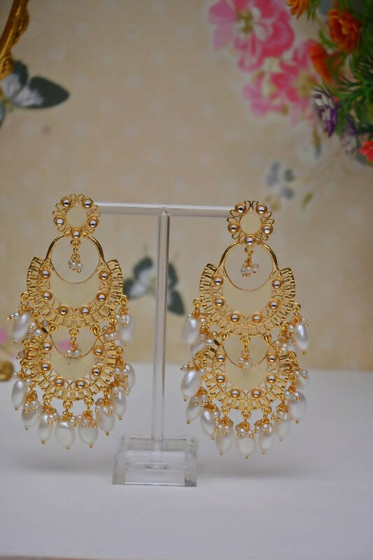 Meenakari Work Gold Plated 2 Layered Beaded Golden Chandbali Earrings with Kundan and Pearl Work By House of Ree - Grab2buy