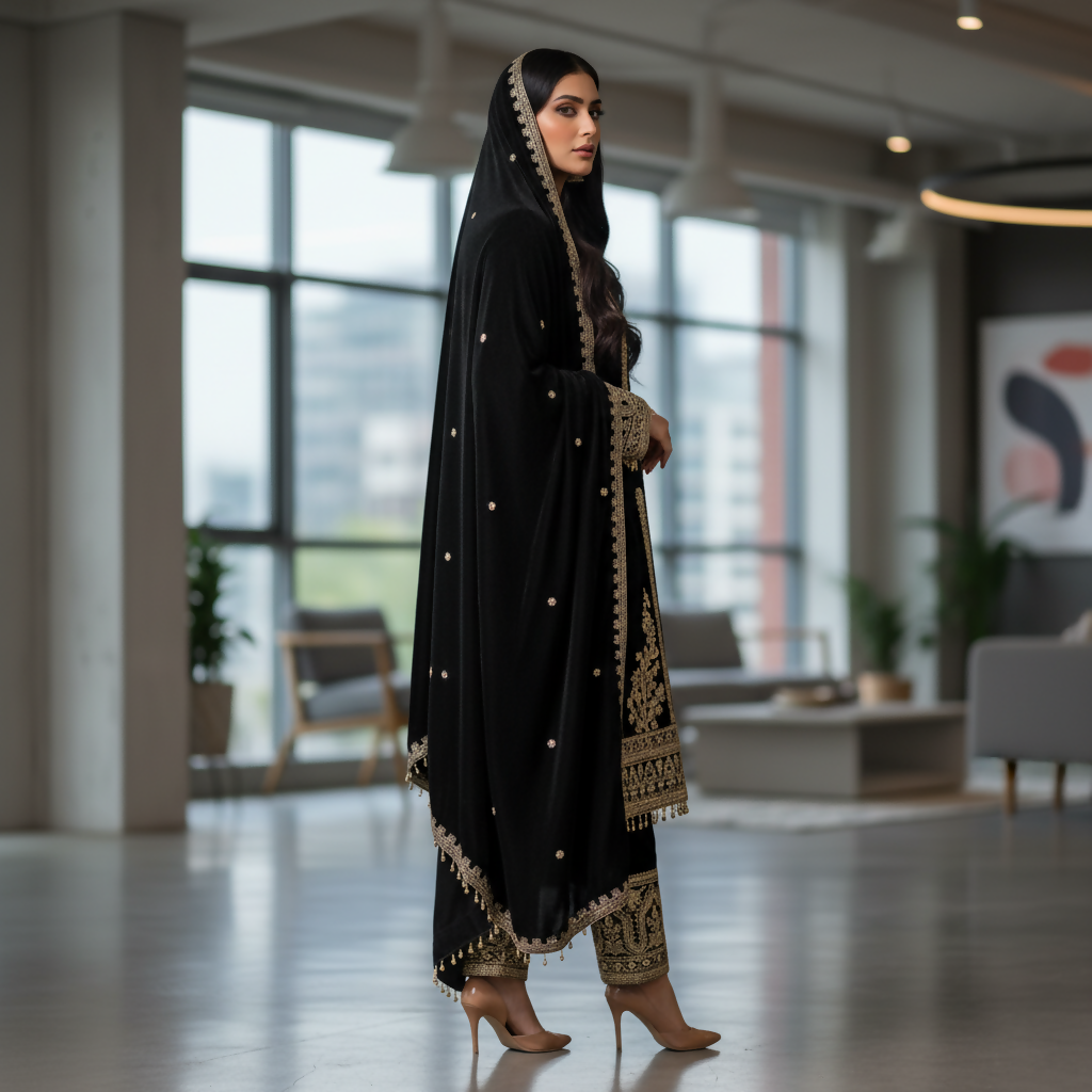 Joban Fashion Black Velvet Embroidery Sequence Work Readymade Kurta Set