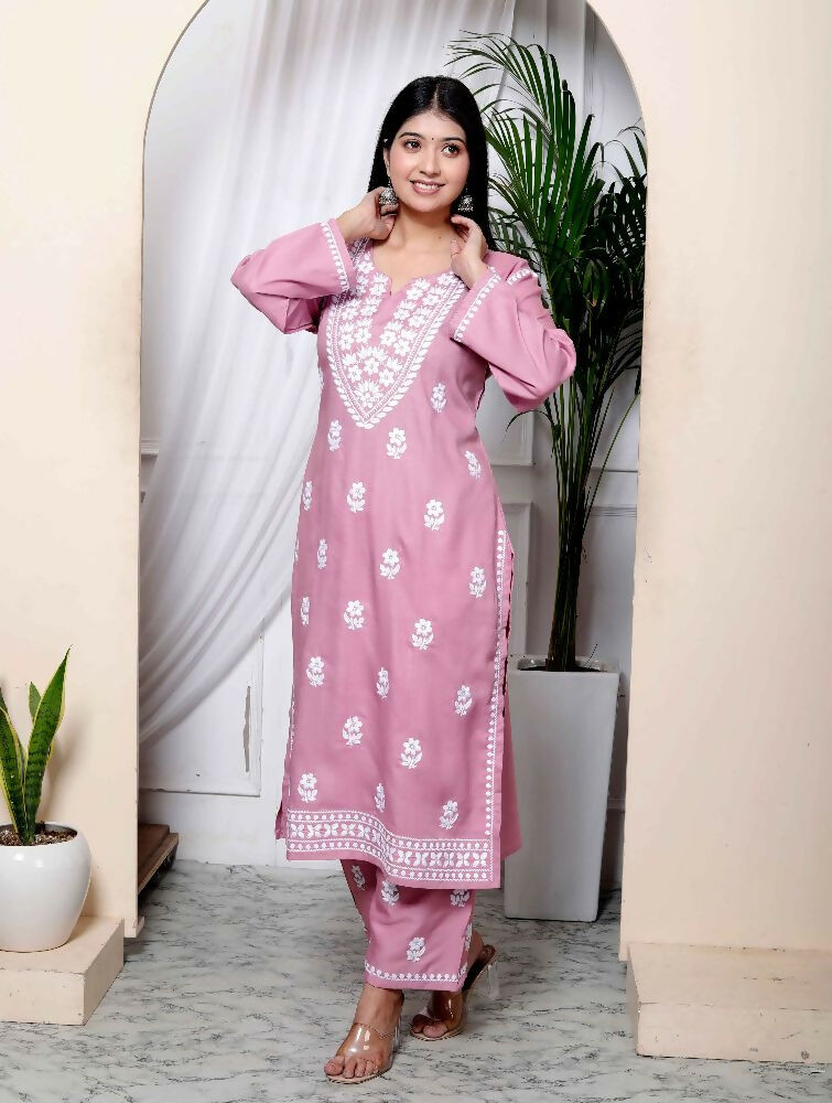 Miravan Womens Pink Embroidered Kurta With Palazzo