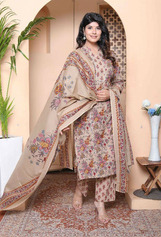 Miravan Womens Multicolor Floral Printed Pure Cotton Kurta And Palazzo With Dupatta Set