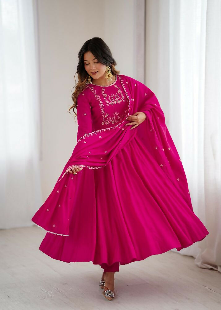 Joban Fashion Dark Pink Kurta Set Chanderi Sequence Embroidery Work 
