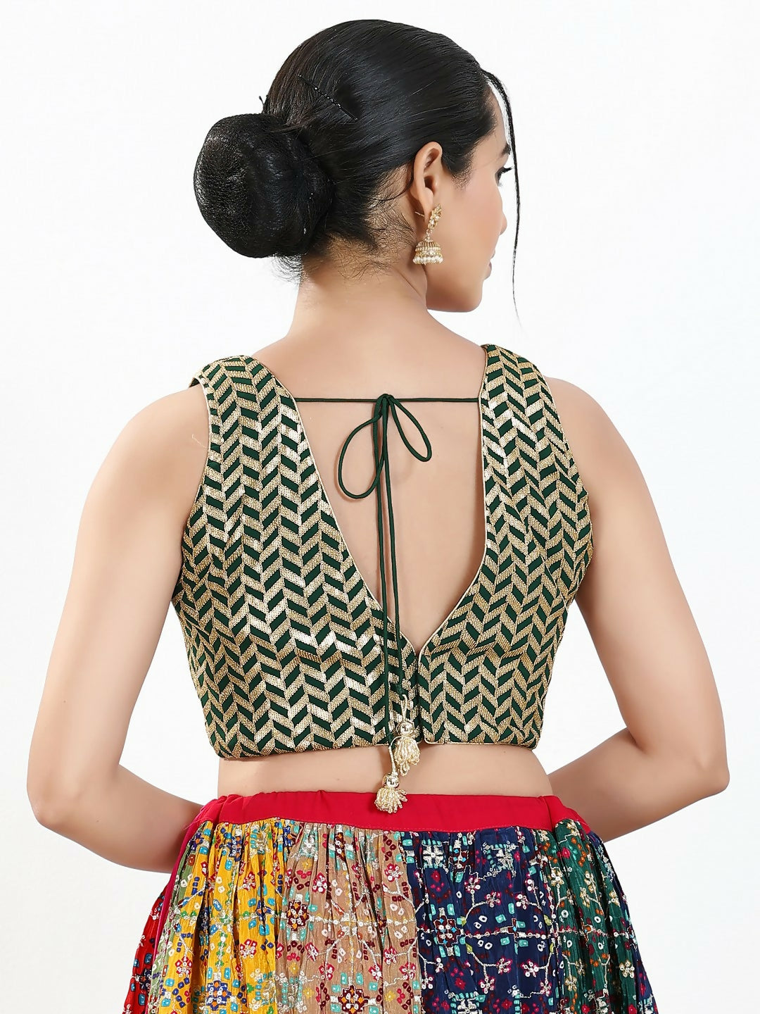 Joban Fashion Bottle Green Silk Padded Blouse With Sweetheart Neck Sleeveless