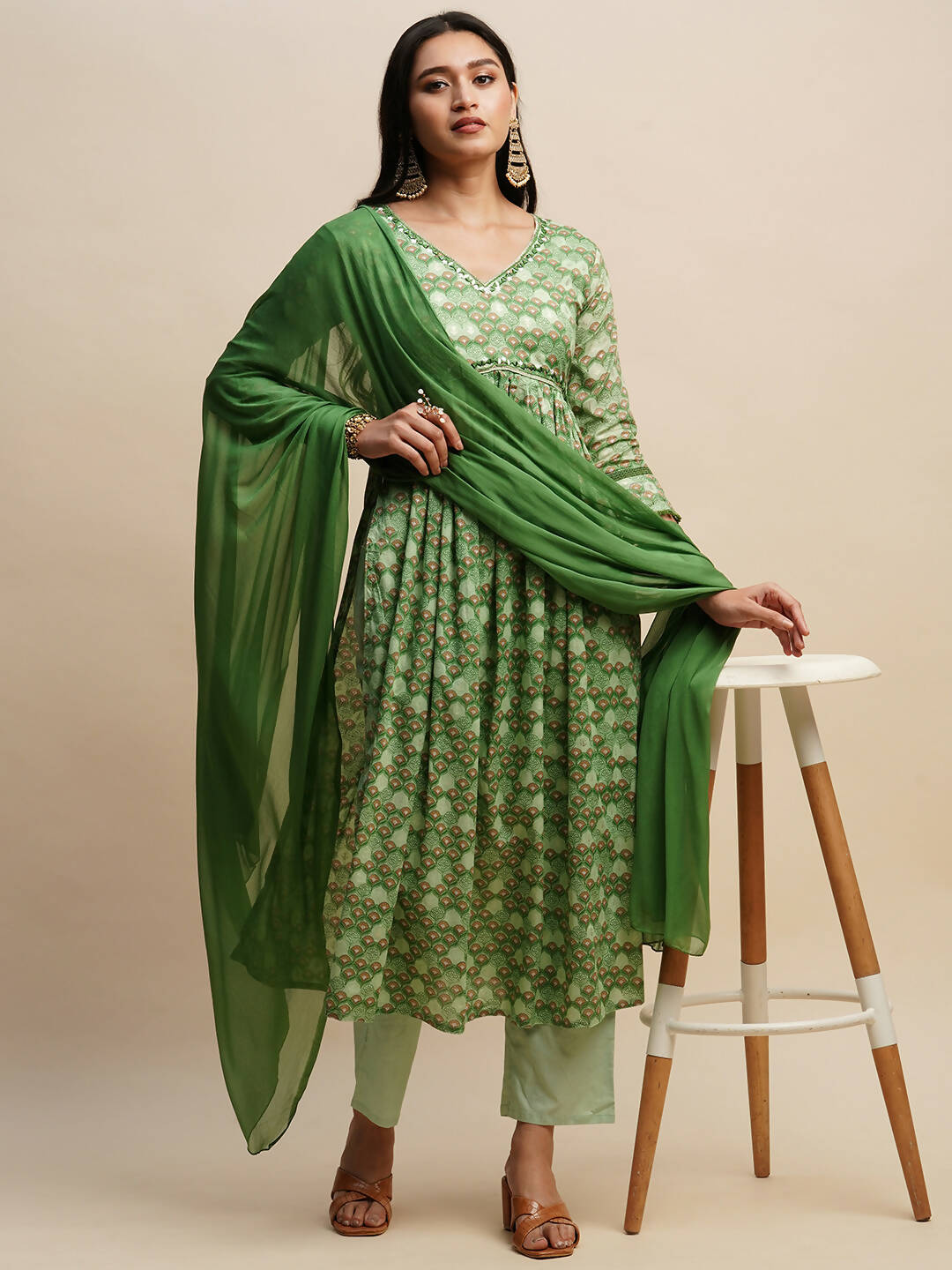 Green Pure Cotton Floral Printed Naira Cut Kurta And Bottom With Dupatta - Akashara