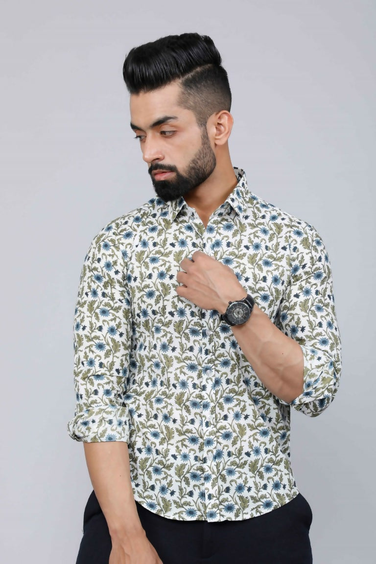 Miravan Men's White & Blue Floral Print Cotton Regular Fit Shirt 