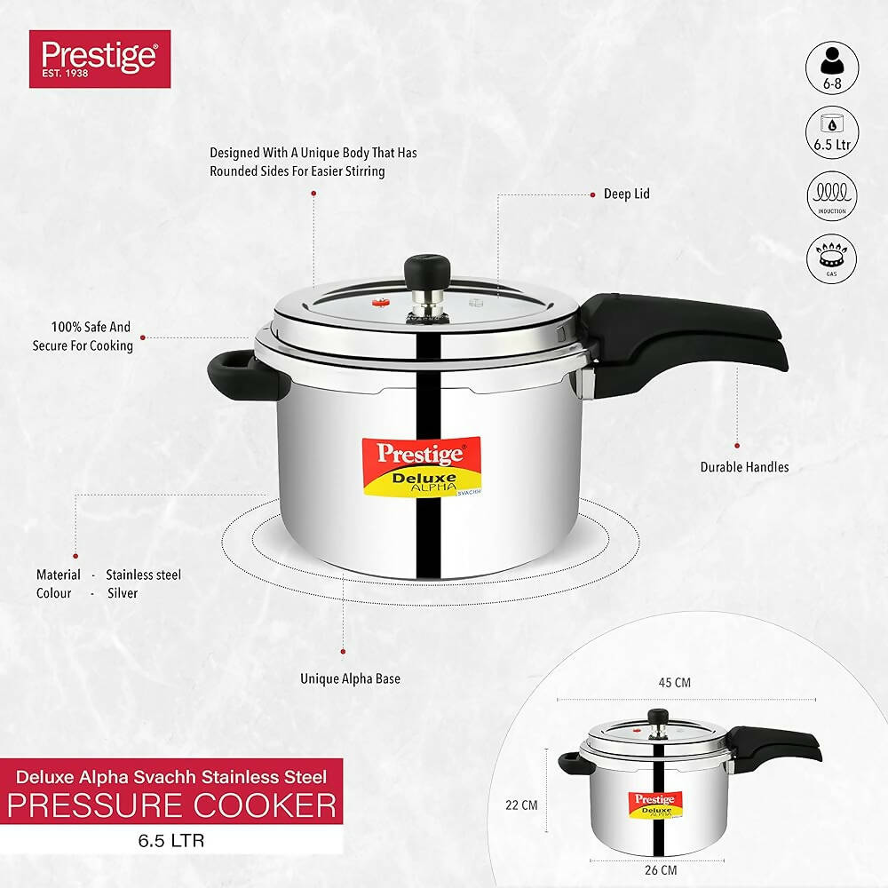 Prestige 6.5 Litres Deluxe Alpha Svachh Induction Base Outer Lid Stainless Steel Pressure Cooker - Grab2buy