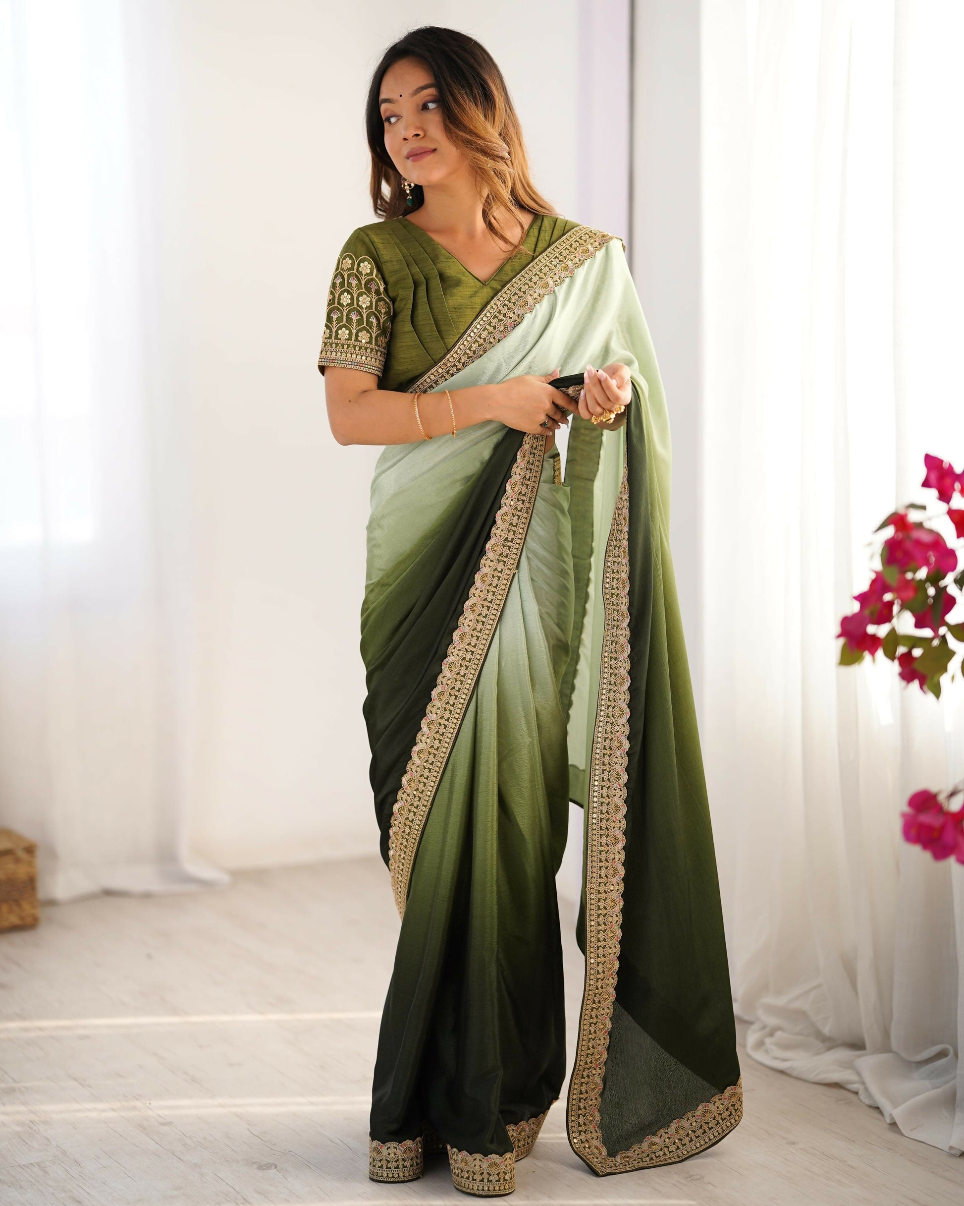 Exclusive Collection Pista Green Party Wear Chinon Salk Grab2Buy 