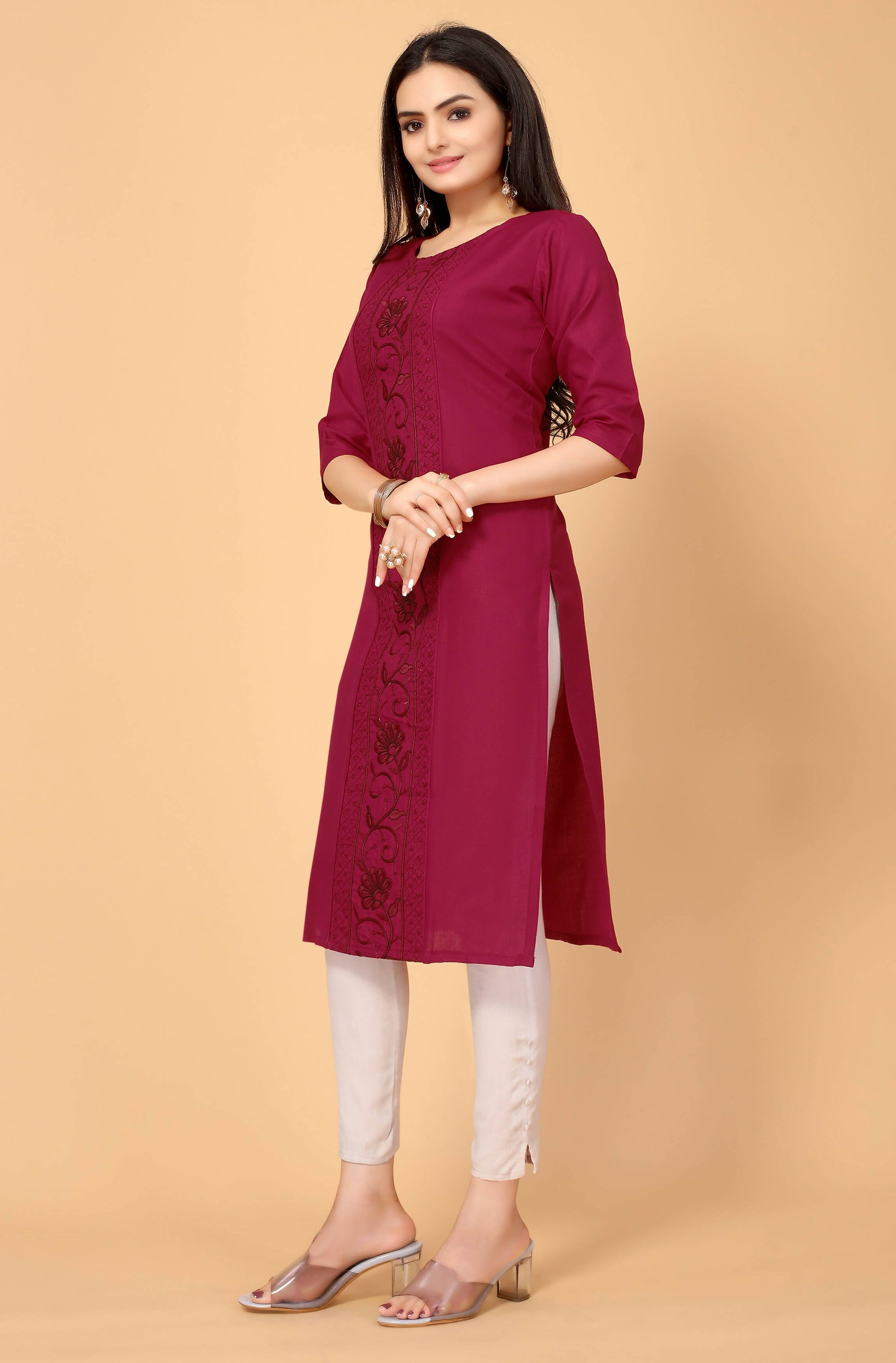 Maroon Cottan Slub Embroidery Kurti - Umi