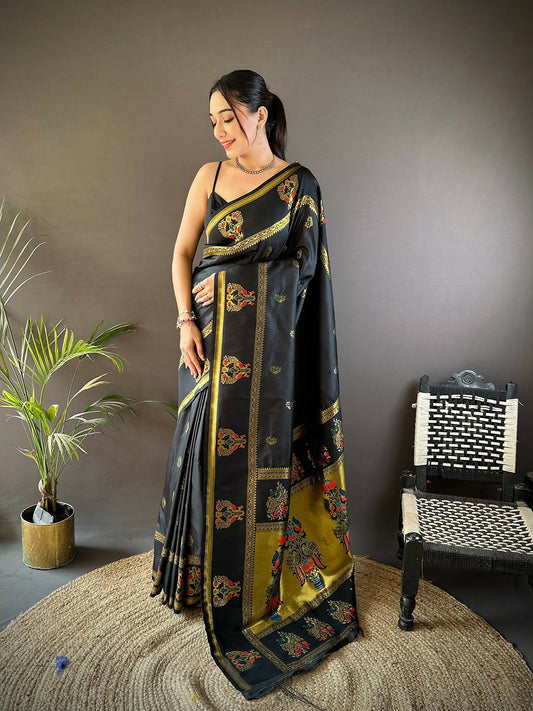 Joban Fashion Black Meenakari Weaving Paithani Sarees