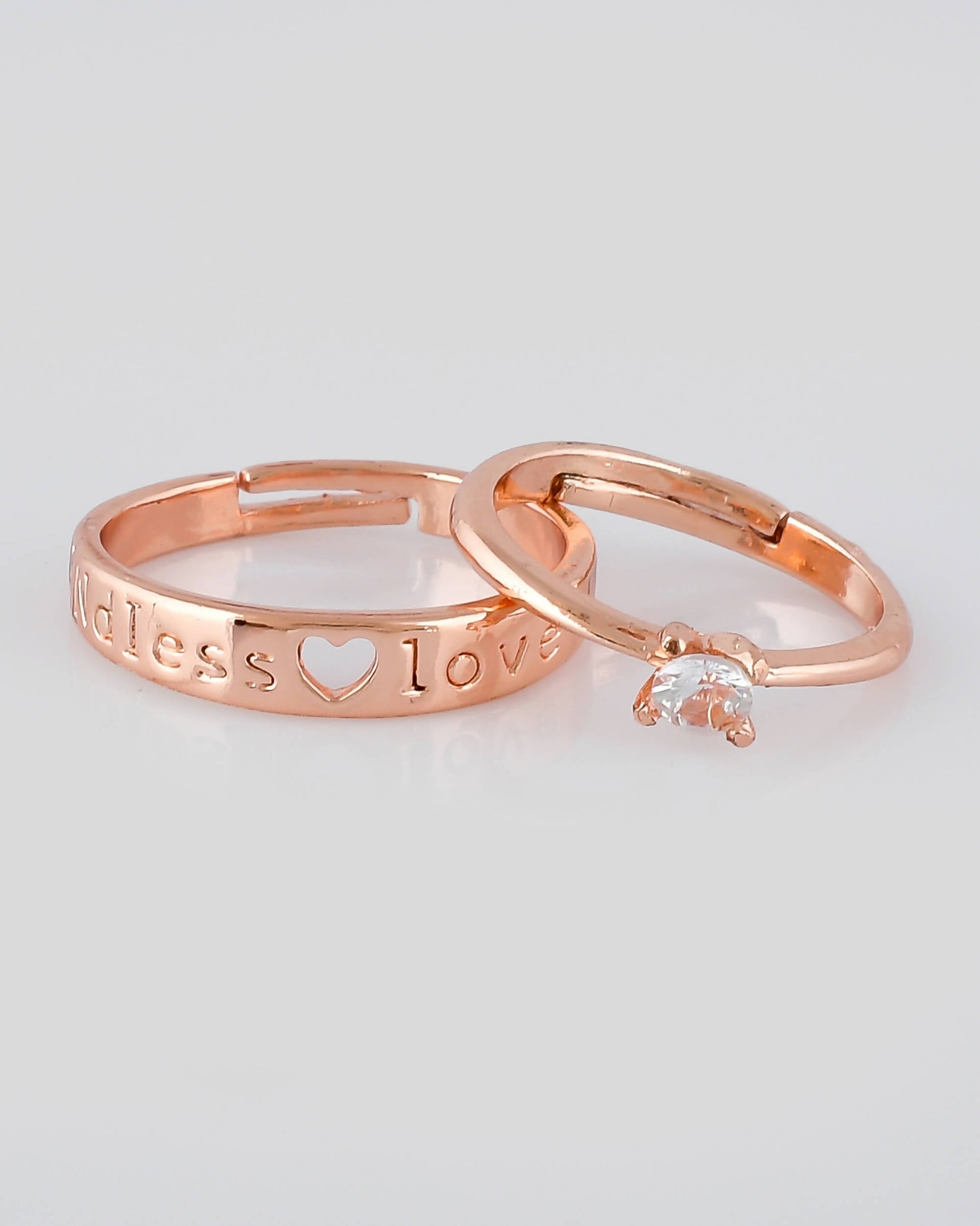VOJ Stainless Steel Cubic Zirconia Gold-Polished Adjustable Couple Ring Set 