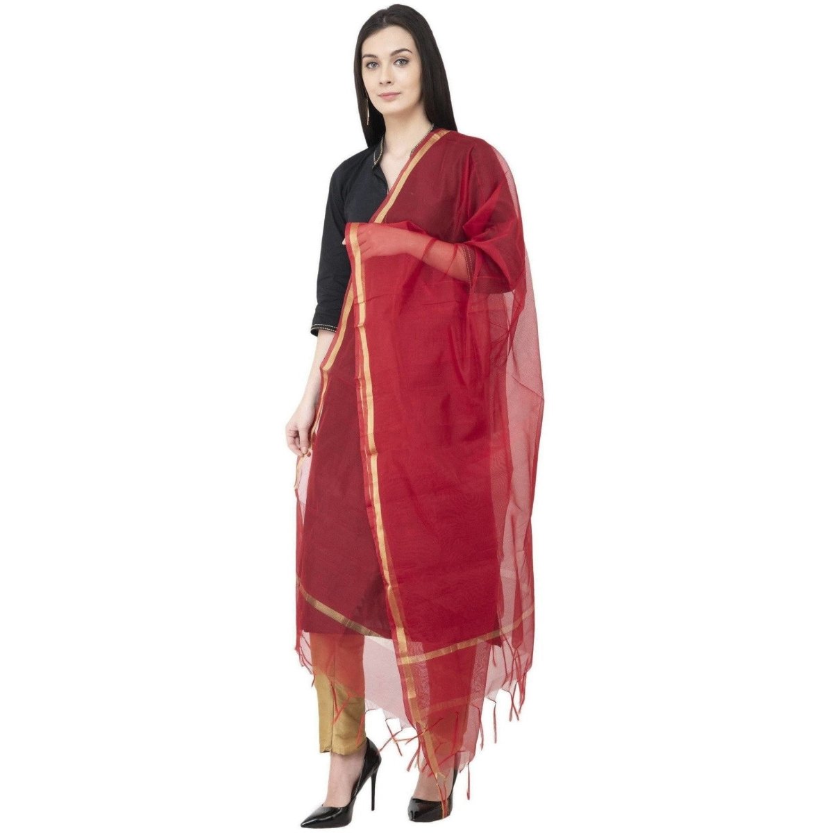 A R Silk Chanderi Piping Regular Dupatta Mehroon Color Dupatta or Chunni 