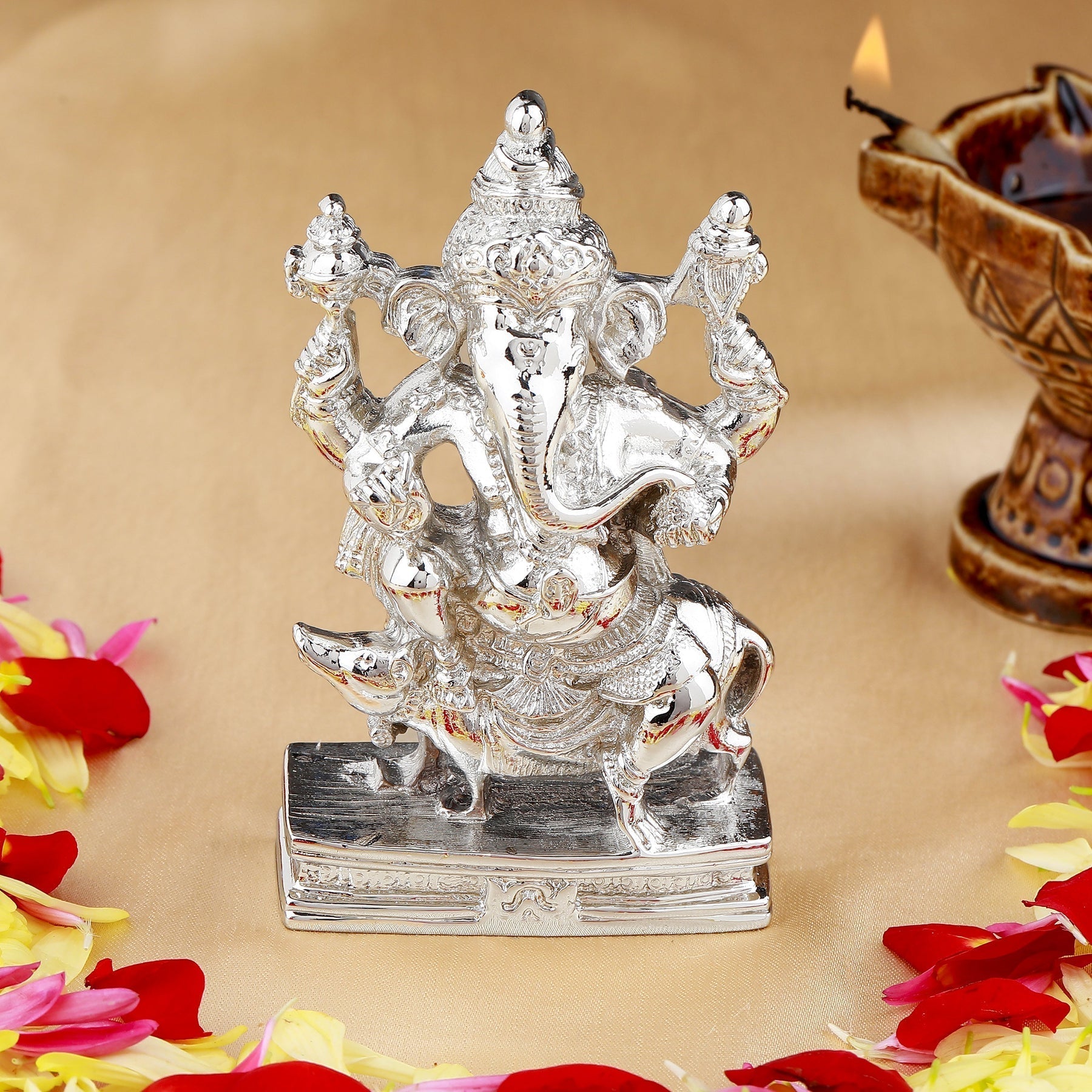 Estele Rhodium Plated Spiritual Lord Mooshak Ganesha Idol for Gifts & HouseWarming/Home/Office Decors 