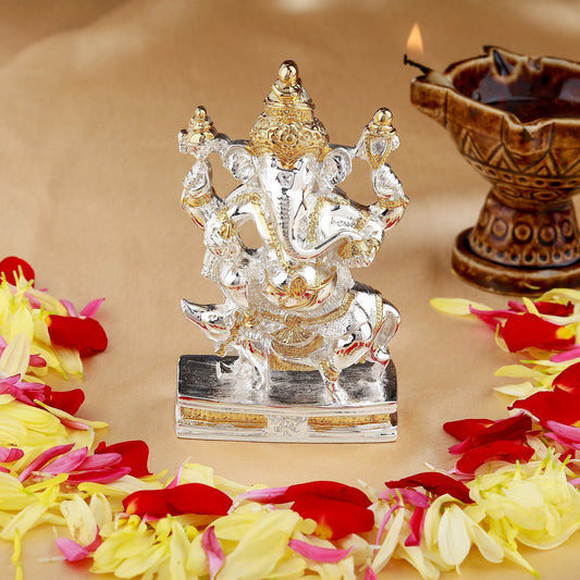Estele Gold-Polished Spiritual Mooshak Lord Ganesha Idol for Gifts & HouseWarming/Home/Office Decors