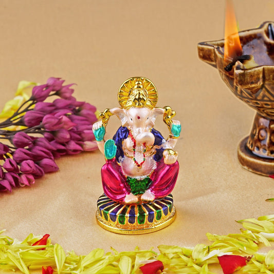 Estele Gold-Polished Spiritual Lord Ganesh Idol with Multicolor Enamel for Gifts & House Warming/Home/Office Decors.