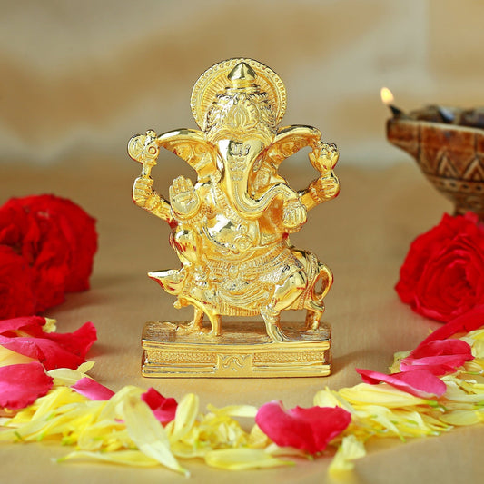 Estele Gold-Polished Spiritual Lord Ganesh Idol/Deity|Showpiece for Pooja Mandir/Car décor 